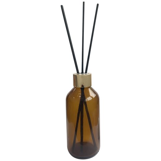 FRASCO-AMBAR-200ML-R.28-COM-TAMPA-DOURADO-E-VARETA-PRETA