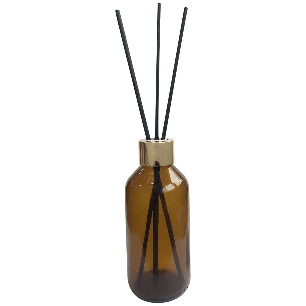 FRASCO-AMBAR-200ML-R.28-COM-TAMPA-DOURADO-E-VARETA-PRETA